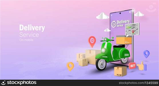 E-commerce concept, Delivery service on mobile application, Transpotation or food delivery by scooter