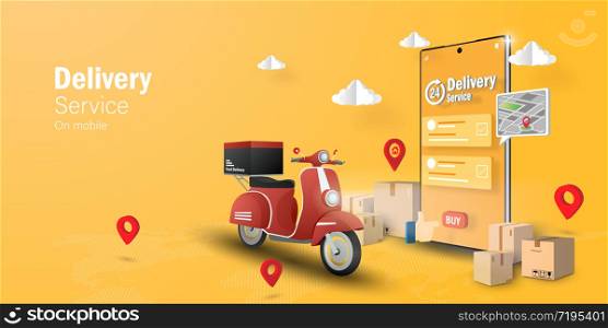 E-commerce concept, Delivery service on mobile application, Transpotation or food delivery by scooter
