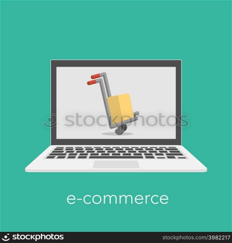 E commerce concept with a shopping box on the laptop screen. Vector illustration . E commerce concept with a shopping box on the laptop screen.