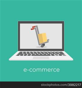 E commerce concept with a shopping box on the laptop screen. Vector illustration . E commerce concept with a shopping box on the laptop screen.