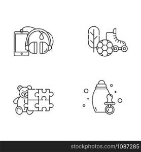 E commerce departments linear icons set. Online shopping categories. Baby products. Devices. Sports and outdoors. Thin line contour symbols. Isolated vector outline illustrations. Editable stroke
