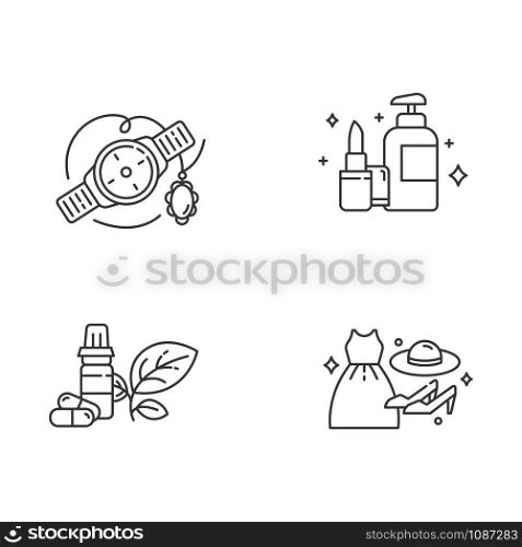 E commerce departments linear icons set. Online shopping categories. Beauty and personal care. Jewelry and watches. Thin line contour symbols. Isolated vector outline illustrations. Editable stroke