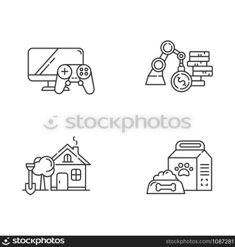 E commerce departments linear icons set. Online shopping categories. Business and industrial. Video games. Thin line contour symbols. Isolated vector outline illustrations. Editable stroke