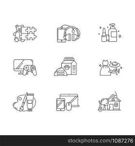 E commerce departments linear icons set. Online shopping categories. Personal care. Video games. Pet supplies. Thin line contour symbols. Isolated vector outline illustrations. Editable stroke