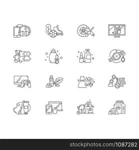 E commerce departments linear icons set. Shopping categories. Personal care. Fashion. Auto parts. Sports and outdoors. Thin line contour symbols. Isolated vector outline illustrations. Editable stroke