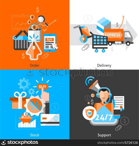 E-commerce design concept set with order delivery stock support flat icons isolated vector illustration