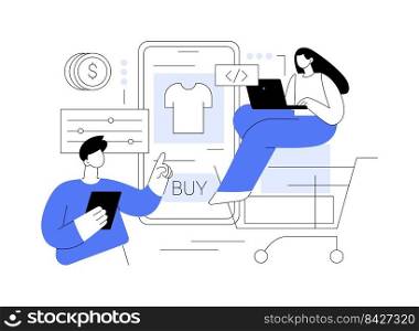 E-commerce development abstract concept vector illustration. E-commerce website development, online shopping app, sale platform, commerce web application, company page, menu bar abstract metaphor.. E-commerce development abstract concept vector illustration.