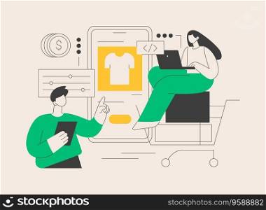 E-commerce development abstract concept vector illustration. E-commerce website development, online shopping app, sale platform, commerce web application, company page, menu bar abstract metaphor.. E-commerce development abstract concept vector illustration.