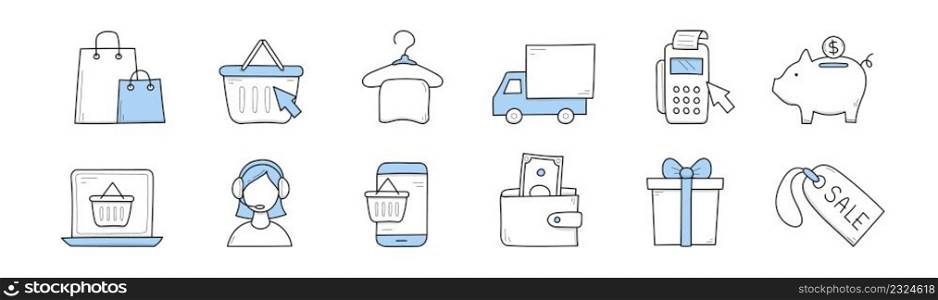 E-commerce doodle icons, signs of web store sale, delivery, online support and payment. Vector doodle set of internet retail service with basket, phone, gift box, bags, truck, piggy bank and price tag. E-commerce, online store sale doodle icons