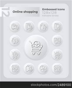 E commerce embossed icons set. Customer support. Purchasing. Neumorphism effect. Isolated vector illustrations. Minimalist button design collection. Editable stroke. Montserrat Bold, Light fonts used. E commerce embossed icons set