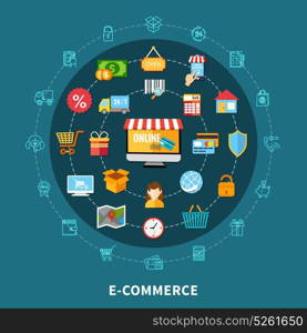 E Commerce Flat Composition. Colored e commerce flat composition with isolated icon set combined in big circle vector illustration