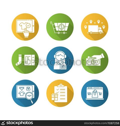 E commerce flat design long shadow glyph icons set. Searching, buying and ordering goods. Payment by credit card and cash. Internet shop, online store app. Vector silhouette illustration