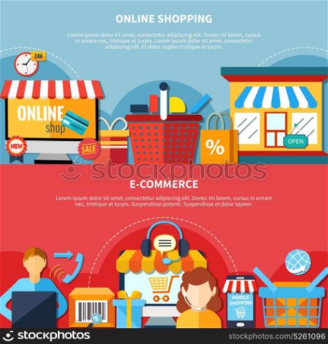 E-Commerce Flyer Set. Two horizontal ecommerce flyer or banner set with online shopping and ecommerce headlines vector illustration