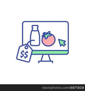 E commerce for farm food RGB color icon. Pushcase organic products online. Expensive natural groceries on internet store. Shopping remotely. Order from farmer market. Isolated vector illustration. E commerce for farm food RGB color icon