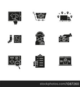 E commerce glyph icons set. Online shopping. Searching, buying and ordering goods. Payment by credit card and cash. Internet shop, online store app. Silhouette symbols. Vector isolated illustration