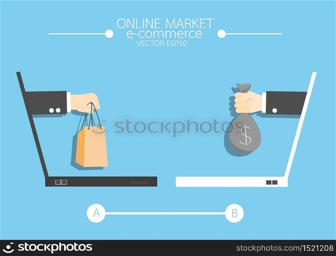 e-commerce Hand holding shopping online concept comes from screen . vector illustration
