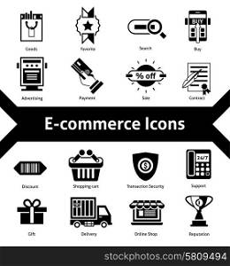 E-commerce icons black set with advertising payment transaction security isolated vector illustration. E-commerce Icons Black