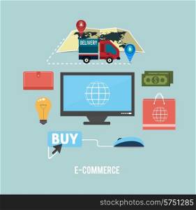 E-commerce infographic concept of purchasing product via internet, mobile shopping communication and delivery service