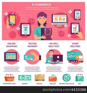 E-commerce Infographic Set . E-commerce infographic flat set with payment and delivery symbols vector illustration