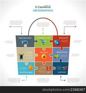 E-commerce infographics set with online commerce symbols in shopping bag shape vector illustration. E-commerce Polygonal Infographics