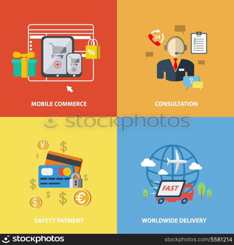 E-commerce internet shopping elements of mobile commerce consultation safety payment worldwide delivery isolated vector illustration.