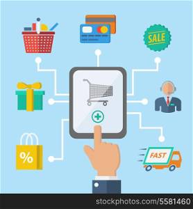 E-commerce internet shopping hand with mobile device and retail icons vector illustration