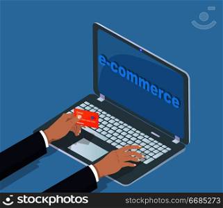 E-commerce laptop with info and man hands holding plastic credit banking card. Commerce and business, technology for making online transactions vector. E-commerce Laptop Banking Card Vector Illustration
