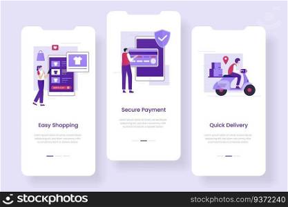 E-commerce mobile app screen set. Illustrations for websites, landing pages, mobile applications, posters and banners.