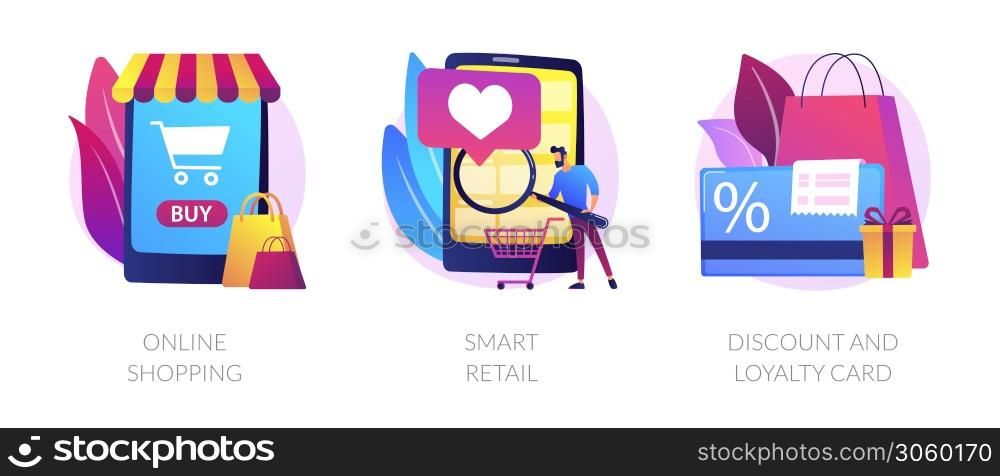 E commerce offers. Customer attraction. Cashback and rebate programs. Online shopping, smart retail, discount and loyalty card metaphors. Vector isolated concept metaphor illustrations. Innovative retail solutions vector concept metaphors