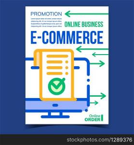 E-commerce Online Business Promotion Banner Vector. E-commerce Receipt Or Report With Approved Mark On Computer Display. Bank Financial Account Concept Layout Stylish Color Illustration. E-commerce Online Business Promotion Banner Vector