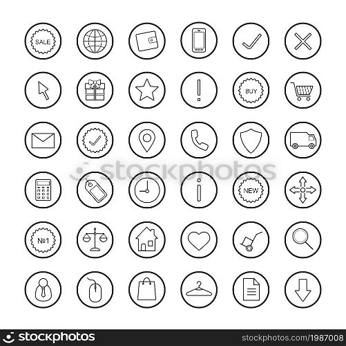 E-commerce. Online shop linear icons set. Vector line art symbols in circle isolated on white. E-commerce. Online shop linear icons set