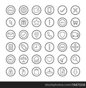 E-commerce. Online shop linear icons set. Vector line art symbols in circle isolated on white. E-commerce. Online shop linear icons set