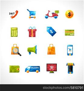 E-commerce online shopping and delivery polygonal icons set isolated vector illustration. E-commerce Polygonal Icons