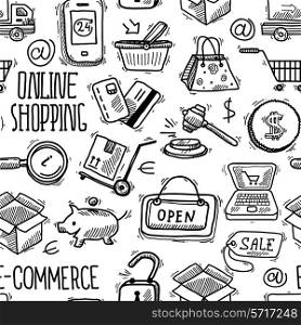 E-commerce online shopping sketch black and white seamless pattern vector illustration
