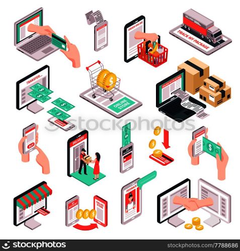 E-commerce online store shopping isometric elements collection with smartphone and credit card payments isolated vector illustration . Isometric E-commerce Shopping Set