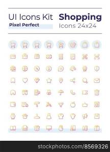 E commerce pixel perfect gradient linear ui icons set. Retail shop. Purchasing experience. Line contour user interface symbols. Modern style pictograms. Vector isolated outline illustrations. E commerce pixel perfect gradient linear ui icons set