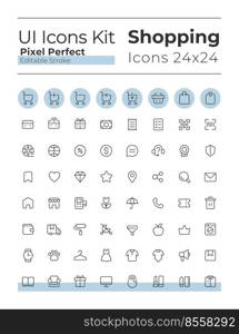 E commerce pixel perfect linear ui icons set. Retail shop. Purchasing experience. Platform for shopping. Outline isolated user interface elements. Editable stroke. Montserrat Bold, Light fonts used. E commerce pixel perfect linear ui icons set