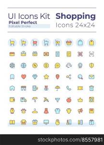 E commerce pixel perfect RGB color ui icons set. Retail shop. Purchasing experience. GUI, UX design for mobile app. Vector isolated pictograms. Editable stroke. Montserrat Bold, Light fonts used. E commerce pixel perfect RGB color ui icons set