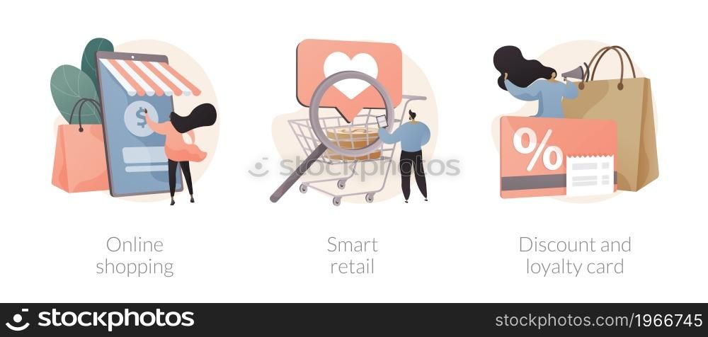 E-commerce platform abstract concept vector illustration set. Online shopping, smart retail, discount and loyalty card, digital product catalog, goods delivery, VR concept store abstract metaphor.. E-commerce platform abstract concept vector illustrations.