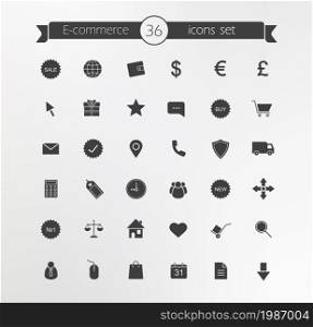 E-commerce. Shop silhouette icons set. Vector black symbols. E-commerce. Shop silhouette icons set