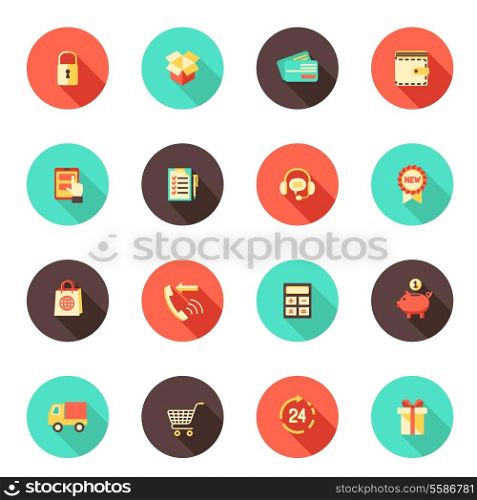 E-commerce shopping flat round icons set of credit card money wallet 24h delivery isolated vector illustration