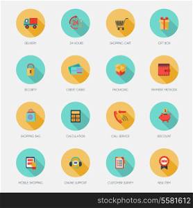 E-commerce shopping icons flat set of delivery shopping cart gift box isolated vector illustration
