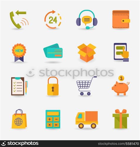 E-commerce shopping icons flat set of delivery truck credit card piggy bank isolated vector illustration