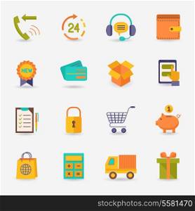E-commerce shopping icons flat set of delivery truck credit card piggy bank isolated vector illustration