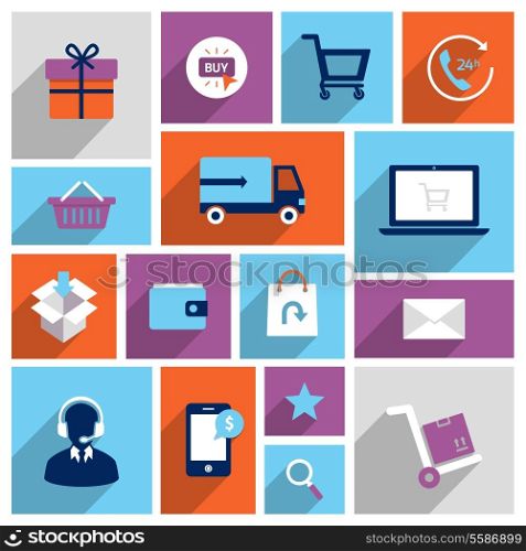 E-commerce shopping icons set of delivery shopping cart gift box isolated vector illustration.
