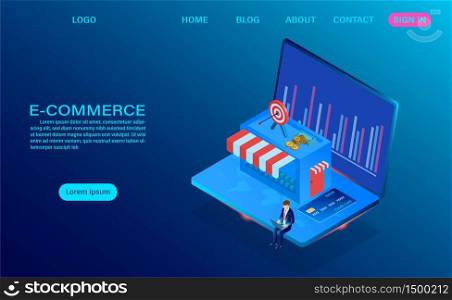 E-commerce shopping online with computer laptop. Vector 3d isometric template