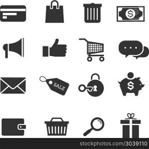E-commerce shopping vector icons set. E-commerce shopping vector icons set. Money and sale tag, basket for purchase illustration