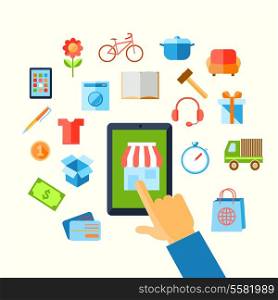 E-commerce shopping with hand touching screen and icons vector illustration.