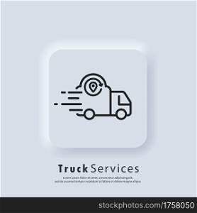 E-commerce. Track service. Truck shipping. Vector. UI icon. Fast delivery truck icon. Express delivery logo. Distribution service. Neumorphic UI UX white user interface web button. Neumorphism.