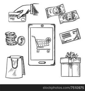 E-commerce vector sketch concept of various payment options with a central smartphone displaying a shopping cart surrounded by icons for a bag, bank check, credit card, banknotes, coins and gift. E-commerce and shopping sketch icons
